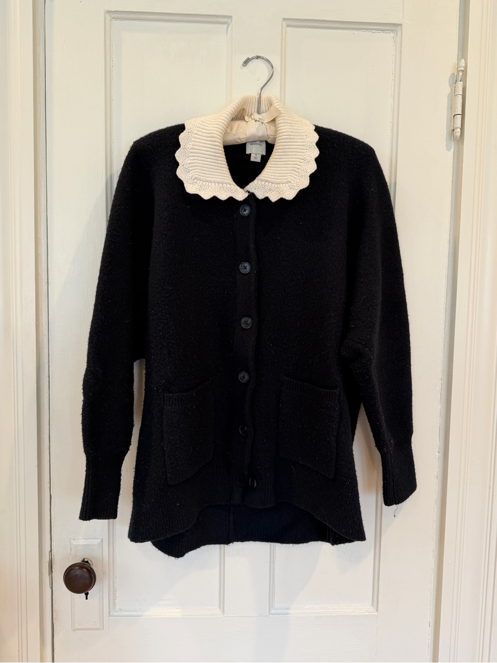 Maeve Navy Long Cozy Cardigan with Cream Scalloped Collar